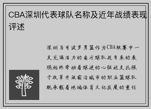 CBA深圳代表球队名称及近年战绩表现评述