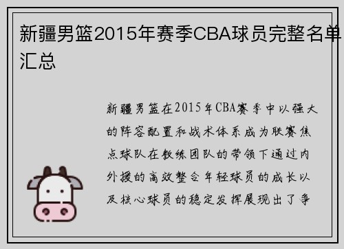新疆男篮2015年赛季CBA球员完整名单汇总