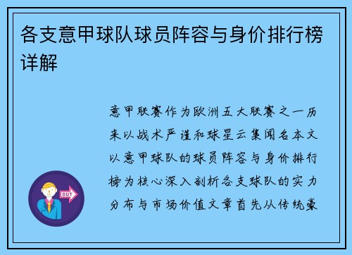 各支意甲球队球员阵容与身价排行榜详解
