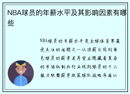 NBA球员的年薪水平及其影响因素有哪些